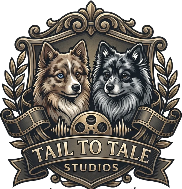 Tail to Tale Studios crest — Kali and Kai with a film reel
